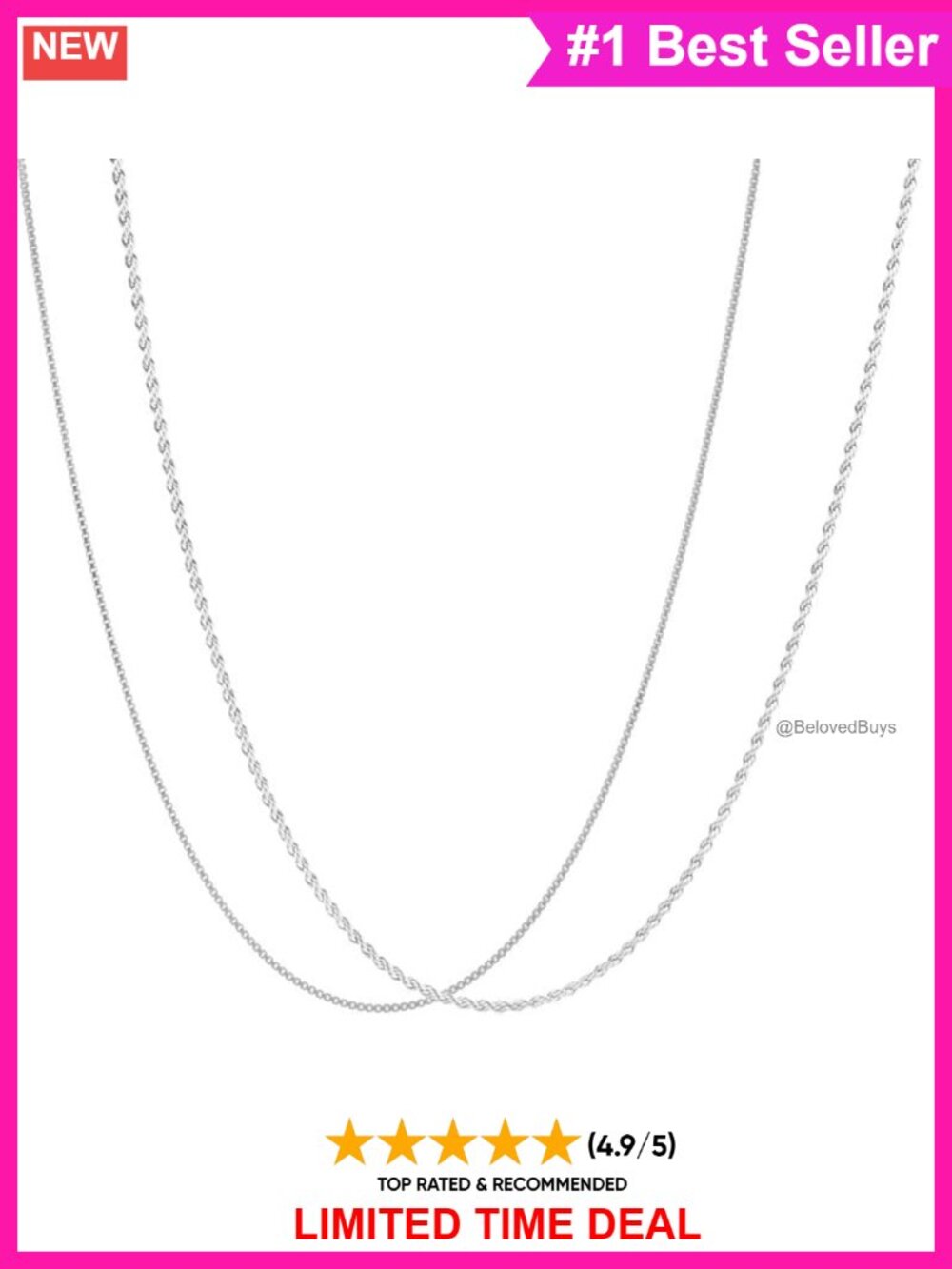 24k White Gold Plated Box & Rope Chain Necklace Set 20" Lobster Clasp